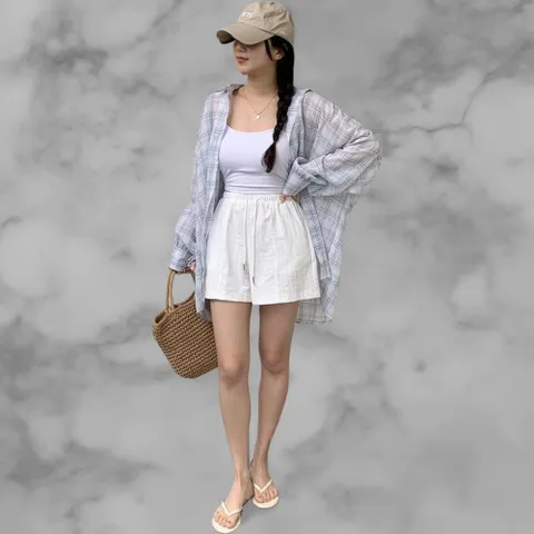 여성 캐주얼 린넨 체크 오버핏 시스루 블라우스