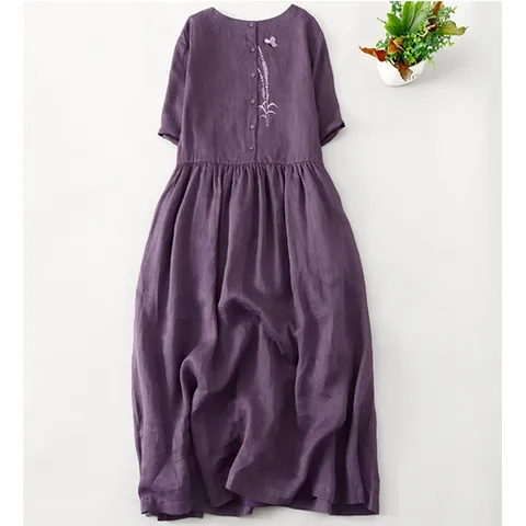 250921 - 퍼플 자수 린넨면롱원피스 루즈핏 빅사이즈 여름원피스 린넨원피스 면원피스 40대 50대 100사이즈 인견원피스