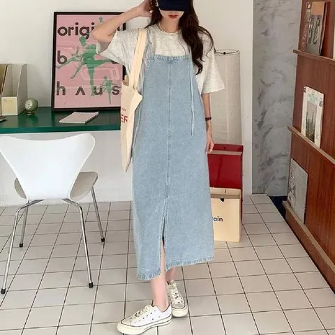 [하프클럽] 여성복 심플한 데님 멜빵원피스