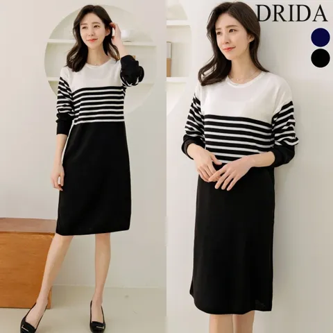 여자 단가라 스트라이프 줄무늬 니트 원피스 검정 봄 가을 40대 미시옷 50대 중년 엄마옷 하객 상견례 출근