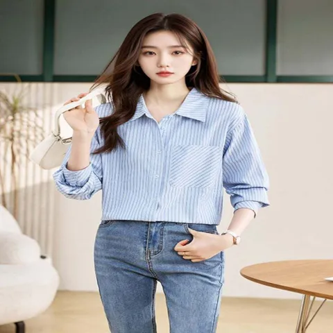 블라우스 셔츠 브라우스 남방 빅카라 스트라이프 8960 소라 KQQ