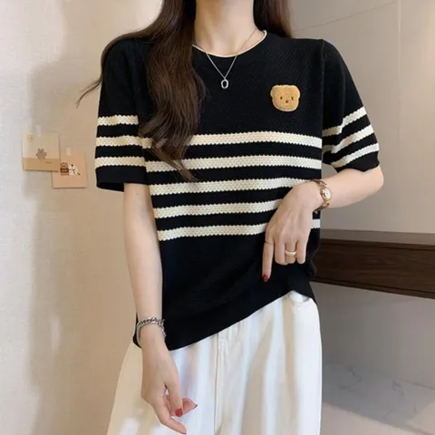 여성 단가라 반팔티 스트라이프 여름 니트 반팔 2색 여자반팔티 여성티셔츠 크롭티