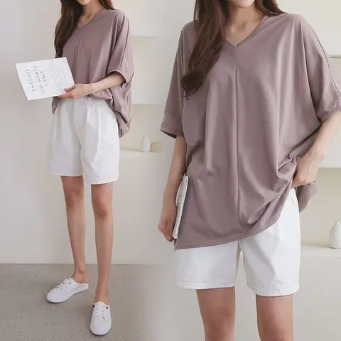 [하프클럽/아이우먼]빅사이즈 브이 절개 가오리 롱 박스 티 셔츠 ILE027