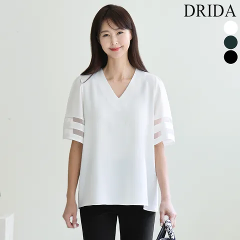 드리다 여름 브이넥 시스루 쉬폰 빅사이즈 반팔 블라우스 40-50대 미시 중년여성 엄마옷 하객 오피스룩
