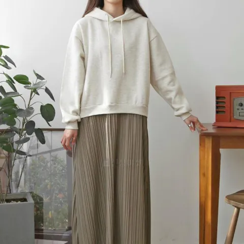 [옷자락] 여자 기모후드 플리츠 롱스커트 콤비 코튼 롱원피스