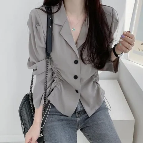 [오노마] ONM 여자 옆셔링 스트링 조절 카라 블라우스 가디건 자켓 (12513160)