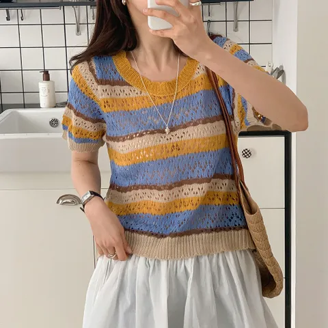 여자 크로쉐 펀칭 단가라 라운드넥 여름니트 티셔츠