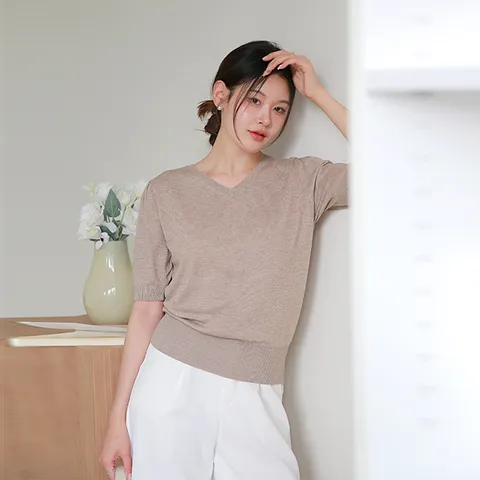 [최초가 89,000원]린넨 블렌드 셀린 브이넥 퍼프니트 4종세트