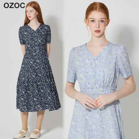 브이넥 프린트 셔링 원피스