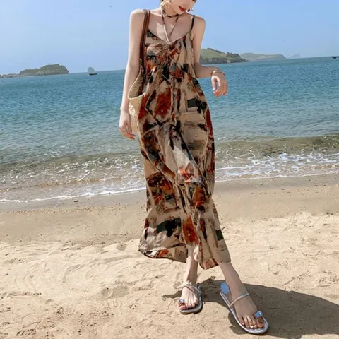 여자 화려한 패턴 휴양지 끈나시 롱원피스 드레스 비치원피스 캐주얼원피스 해변원피스