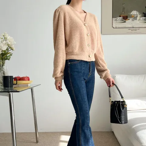 [다잇템] 여자 하트 덤블 V넥 단추 캐쥬얼 테리 가디건