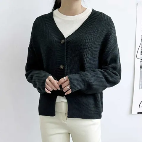 여자 오버핏 브이넥 니트가디건 골지 밑단포인트 교복가디건 사무실가디건 학생가디건