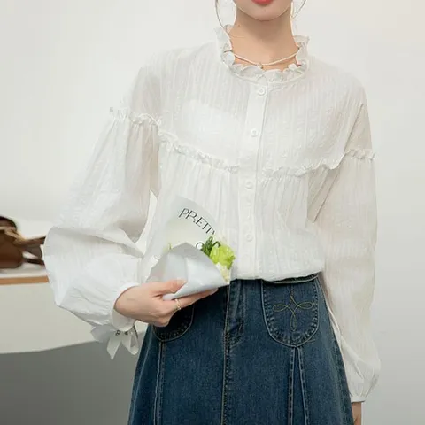 [하프클럽/블랙퀸]클라리 러플 루즈핏 퍼프소매 블라우스 blk002979