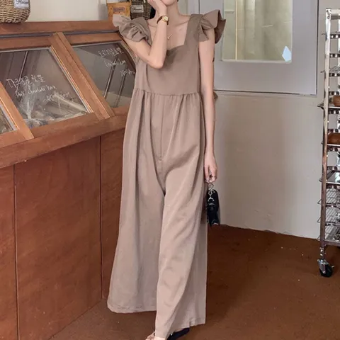 스퀘어넥 허리셔링 어깨프릴 와이드 일자핏 점푸수트 여자오버롤 여름오버롤