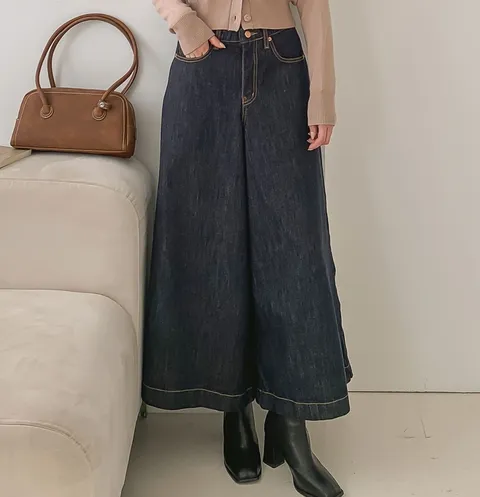 여성 겨울 기모 논페이드 생지 큐롯 와이드 데님팬츠 통청바지