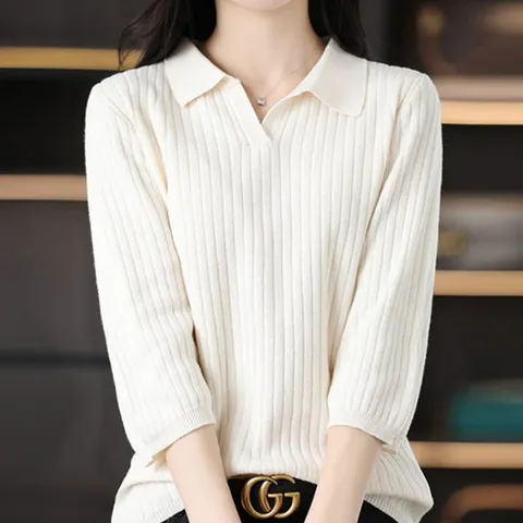 [브리치]  / NK3586 여성 무지 골지 카라 7부 니트티