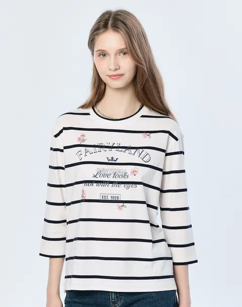 헤지스 여성 [[25SS]] HSTS5B201IV [면100%]아이보리 스트라이프 그래픽 실켓 7부 티셔츠