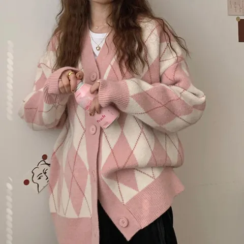 [다잇템] 여자 환절기 V넥 다이아 박시핏 가디건