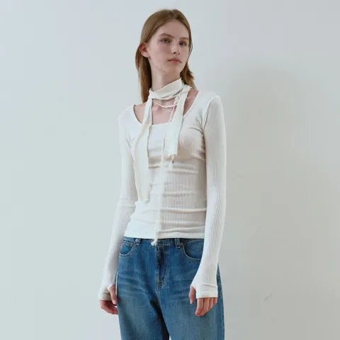 NECK POINT RIBBED TOP_IVORY