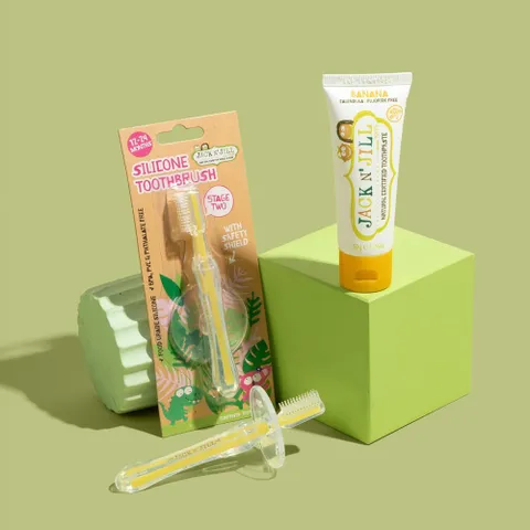잭앤질 자일리톨 40% 치약 (바나나맛) + 실리콘 칫솔 세트