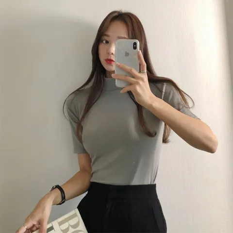 [신상오픈런] 여자 슬림핏 목폴라 심플 무지 반팔 티셔츠
