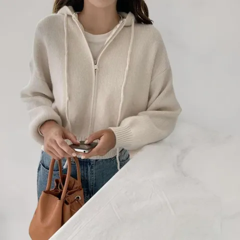 여성 부드러운 캐시미어 시보리 크롭 후드 집업 니트