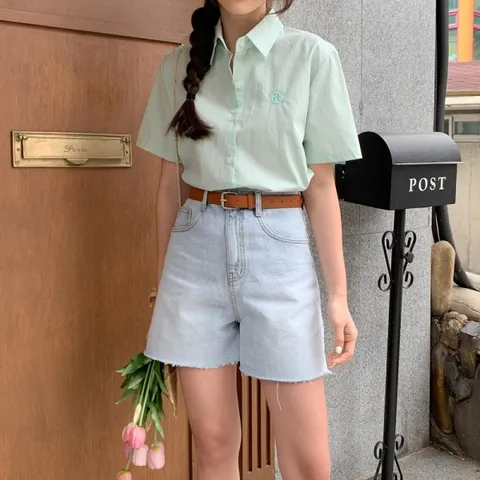 여자 포인트 카라넥 크로쉐 SS 셔츠 탱크 미니멀리즘 셔츠