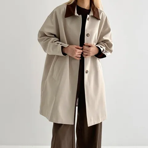 여자 가을 히든버튼 배색 골덴카라 하프 코트