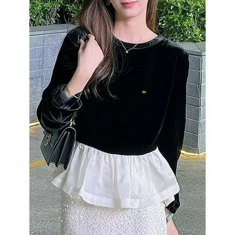 [하프클럽] () 벨벳 라운드넥 배색 페플럼 블라우스(S5SBL410A)