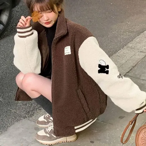 [하프클럽/모노무드]MNO 레이디스 투톤 프린트 포인트컬러 데일리 러블리 양털 양털 후드집업 항공점퍼 재킷