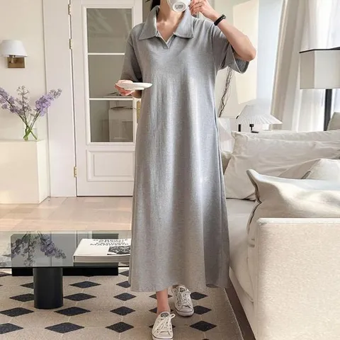 [하프클럽] 피케 카라 반팔 롱 원피스 박시핏 데일리룩 편안한 맥시 원피스 R773