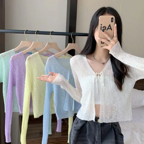 여름 아이템 시스루 여리 러블리 골지 리본끈 가디건