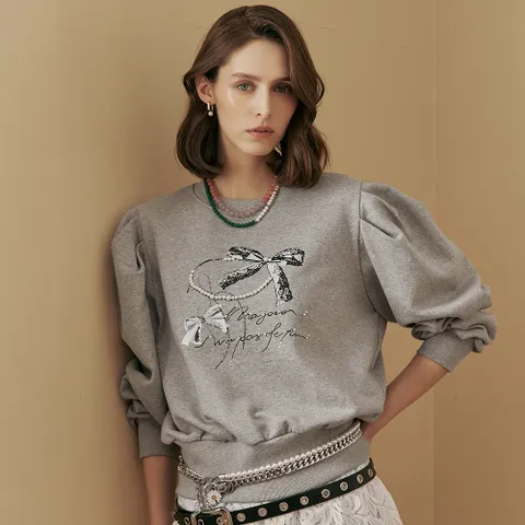 [마쟈] 진주 리본 비즈 퍼프소매 맨투맨 티셔츠