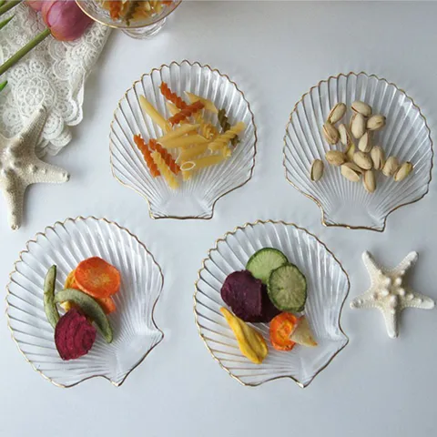 골드라인 조개모양 유리 접시 4P 세트 카페 그릇 식기 그릇세트 접시세트 유리접시