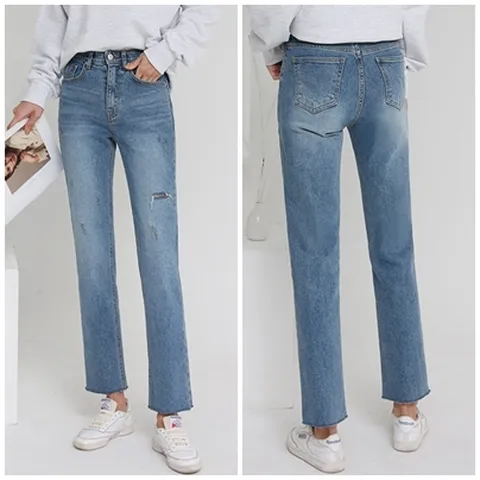 여자 사계절 스판 히든밴딩 구제 슬림 일자 청바지 핏이 예쁜 봄 여름 가을 겨울 데미지 날씬 청바지 찢청