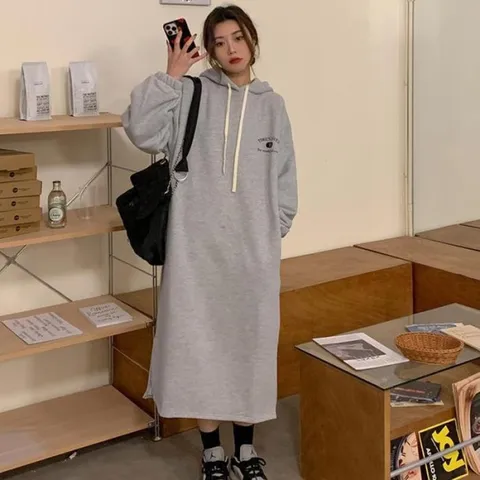 롱 후드 원피스 기모 박시 오버핏 포켓 원피스 HLO-06 (18137108)