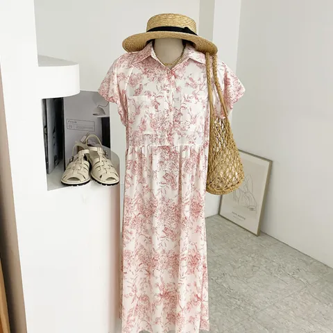 [브리치] 허니제이 / 블리드 카라 패턴 퍼프소매 반팔 롱 원피스(2color)