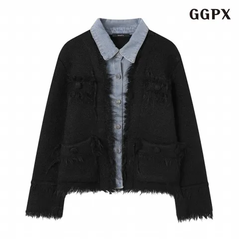 정상가:99,000원 ㅣ 프린지 트위드 데님 레이어드 가디건 (GPDCK004D)