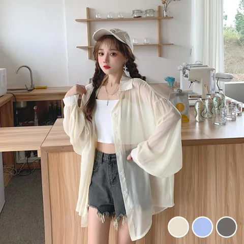 여자 바캉스 시스루 남방 루즈핏 카라넥 언발 셔츠