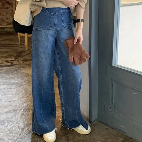 네모엔룩 트위스트데님 밑단 데끼 찢청 데미지 워싱 일자핏 롱 와이드 청 팬츠