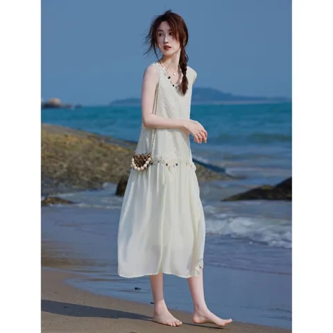 [브리치] 제로투올샵 / 여름 슬림핏 라운드넥 롱 원피스 화이트 S