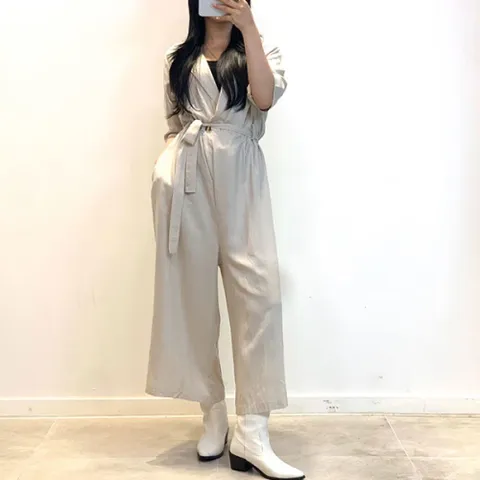 [브리치]  / 심플 슬림 슈트 카라넥 슬리브 와이드 린넨 점프슈트