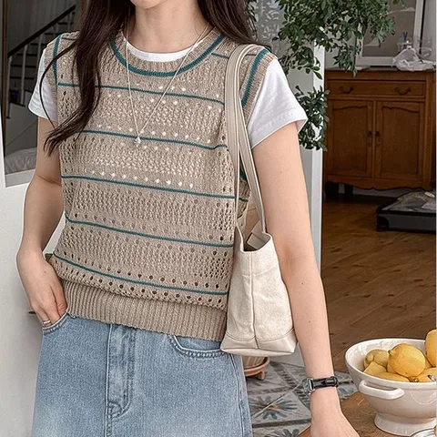 [하프클럽] 여성 단가라 니트 나시 여름 크로쉐 스카시 니트 조끼 레이어드룩