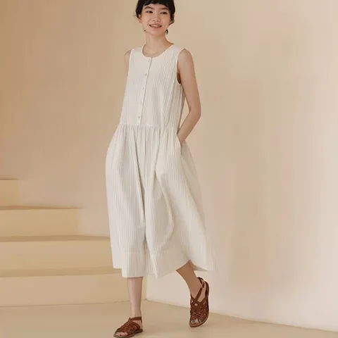 250991 - 스트라이프 린넨면롱원피스 빅사이즈 여름원피스 린넨원피스 면원피스 40대 50대 100사이즈 인견원피스 나시원피스