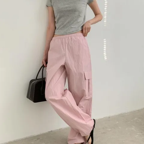[하프클럽/여자 나일론팬츠 바스락 카고 썸머팬츠 분홍 통 바지