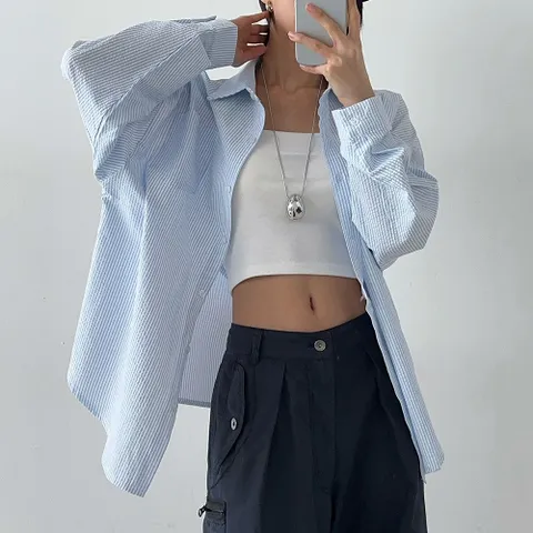 [다잇템] 여자 박시핏 시어서커 단가라 SS 지지미 셔츠