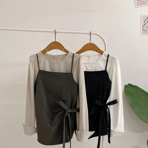 [브리치] 허니제이 /  세트  젬츠 핀턱 허리끈 뷔스티에 긴팔 블라우스