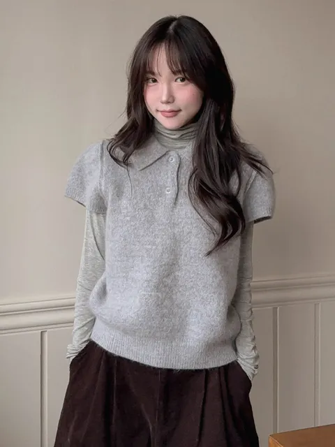 [엘루이즈] [앙고라/울] 코츠미 캡소매 폭닥 앙고라 카라 반팔 울니트(4color)