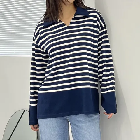 아이우먼 단가라배색카라긴팔티 SMN336M210 빅사이즈