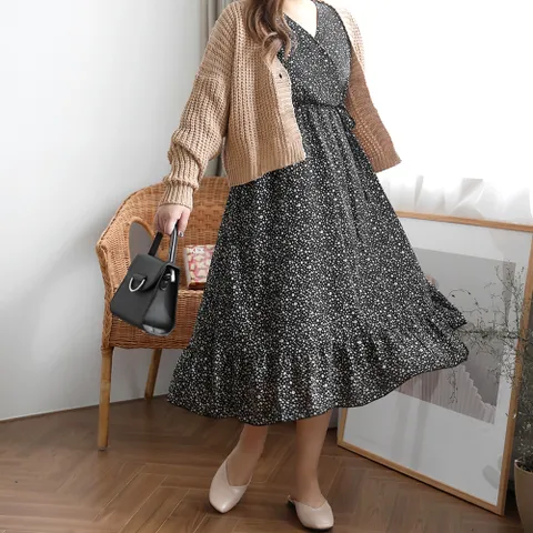 여성 빅사이즈 플라워 셔링 쉬폰 롱 원피스_GRM2013